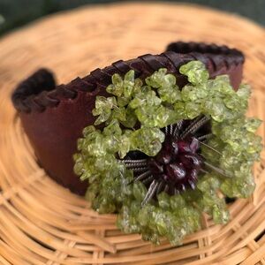 Handmade Leather Bracelet Green Stone Floral Design Boho Adjustable